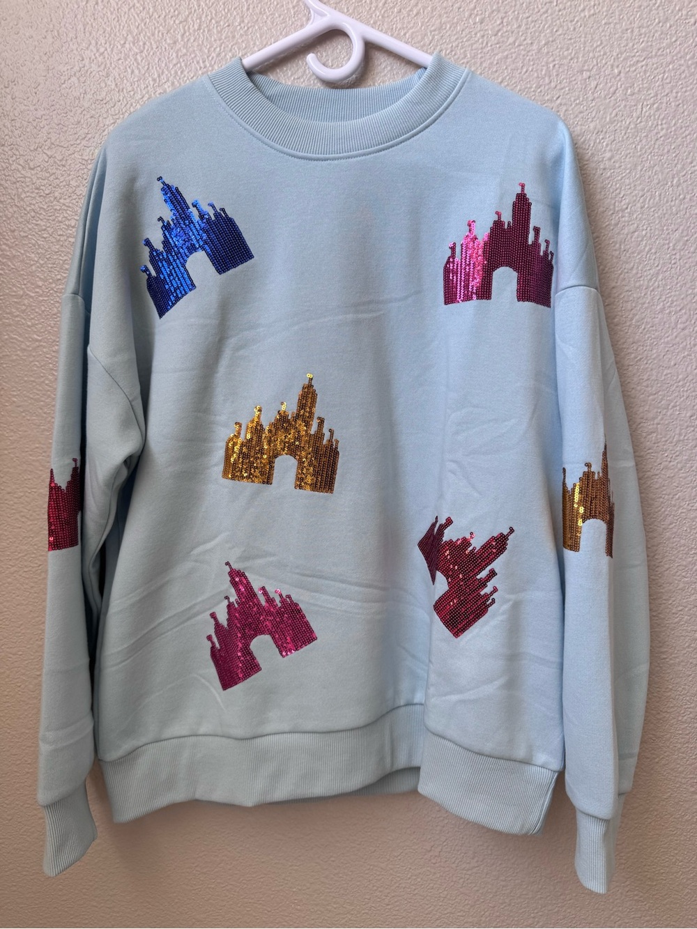 NWT Miniyear Sequin Castle Sweatshirt Blue Fairytale Theme Park Pullover Size L